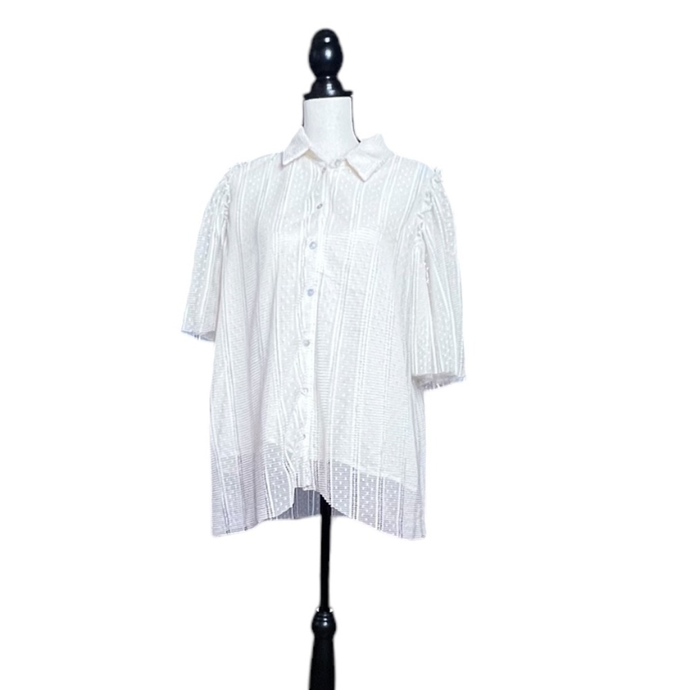 Christina Rohde Women's Button Up Lace 3/4 Sleeve Cream Blouse Sz L Pre-Owned